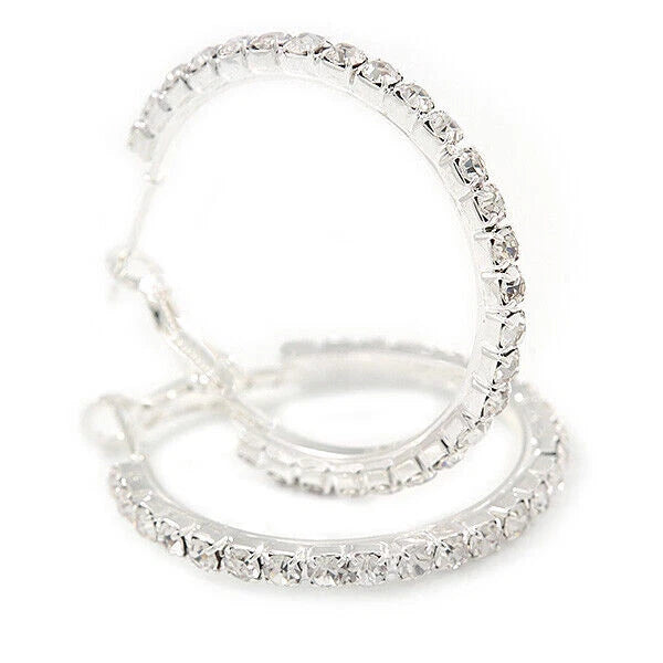 Large Diamante Clear Crystal Hoop Earrings In Rhodium Plating - 10cm Diamete