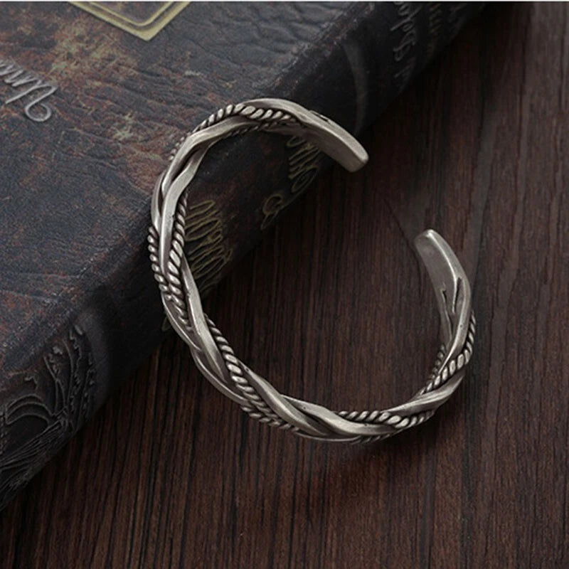 Mens 925 Sterling Silver Thai Handmade Vintage Open Bangle Twisted Cuff Bracelet