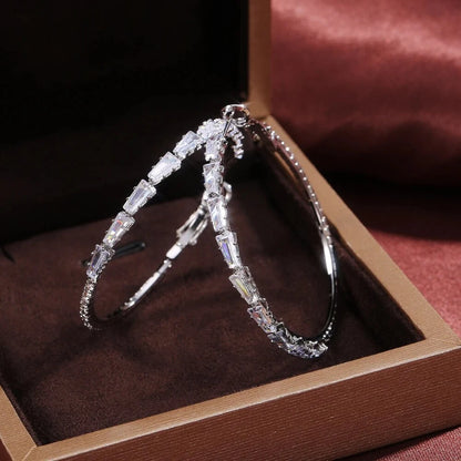 925 Sterling Silver Zircon Crystal Round Large Hoop Earrings Women Gift Jewelry