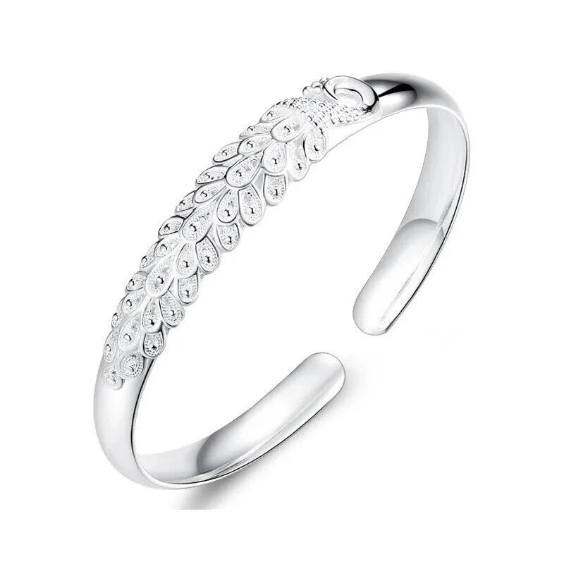 925 Sterling Silver Open Bangle Peacock Cuff Bracelet Women Men's Charm Jewelry