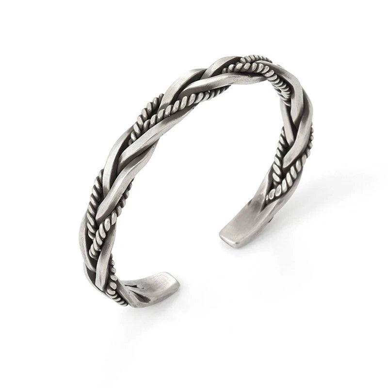 Mens 925 Sterling Silver Thai Handmade Vintage Open Bangle Twisted Cuff Bracelet