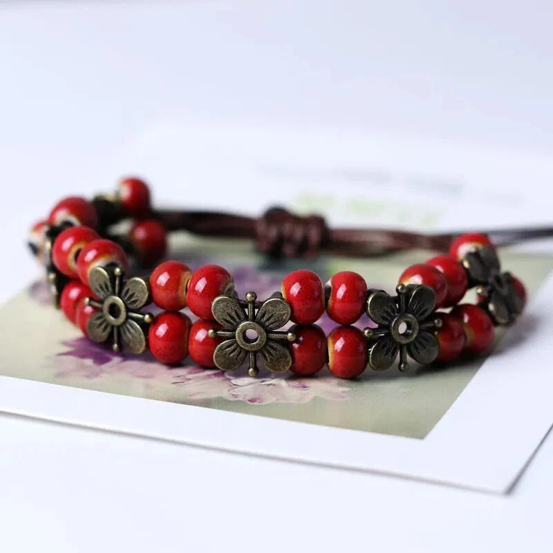 Ceramic Four-leaf clover Ethnic Bracelets Hand-woven Adjustable Bead chain Women