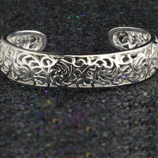 Filigree Hollow Pattern Bangle 925 Sterling Silver Adjustable Open Cuff Bracelet