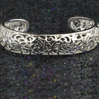 Filigree Hollow Pattern Bangle 925 Sterling Silver Adjustable Open Cuff Bracelet