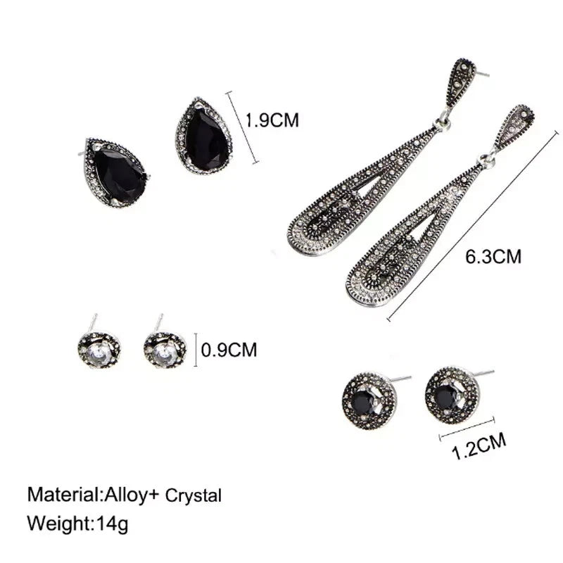 4 Pairs Women Bohemia Long Crystal Earring Set Retro Black Zircon Stud Earrings