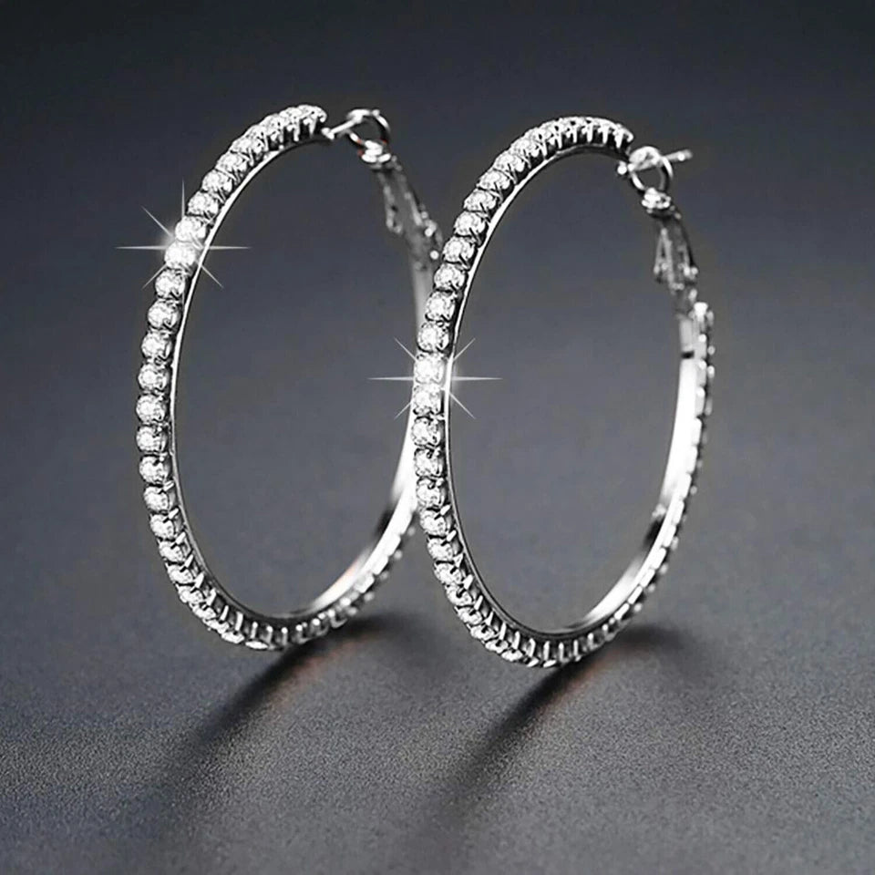 Large Diamante Clear Crystal Hoop Earrings In Rhodium Plating - 10cm Diamete