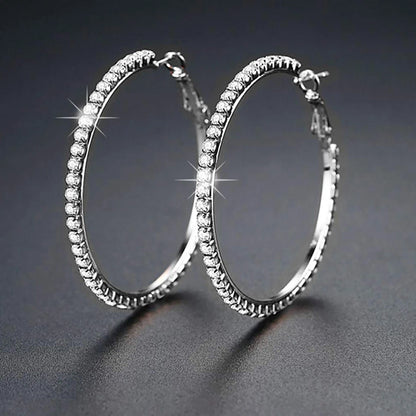 Large Diamante Clear Crystal Hoop Earrings In Rhodium Plating - 10cm Diamete