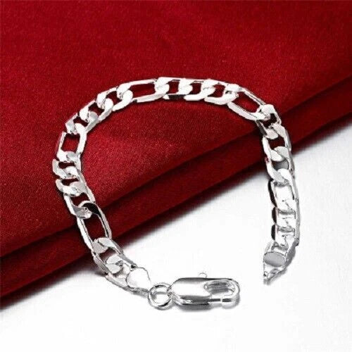 925 Sterling Silver Thick Solid Men's Figaro Chain Necklace or Bracelet Italy