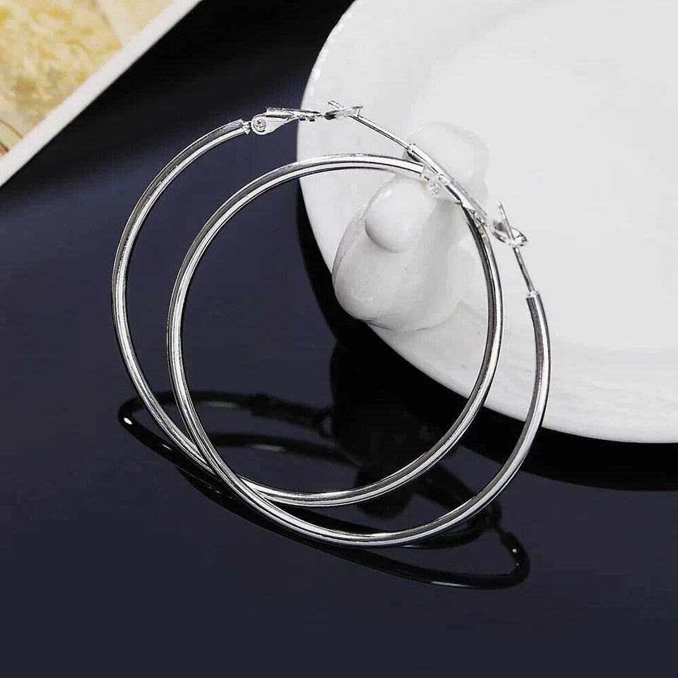925 Sterling Silver Large Round Hollow Hoop Earrings Women Jewelry Gift 5cm