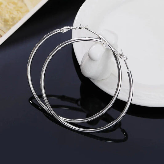 925 Sterling Silver Large Round Hollow Hoop Earrings Women Jewelry Gift 5cm