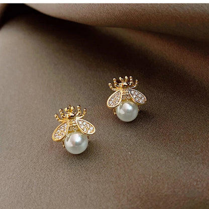 925 Sterling Silver Gold Plated Pearl Stud Bumble Bee Earrings Women Jewelry UK