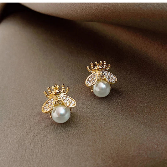 925 Sterling Silver Gold Plated Pearl Stud Bumble Bee Earrings Women Jewelry UK