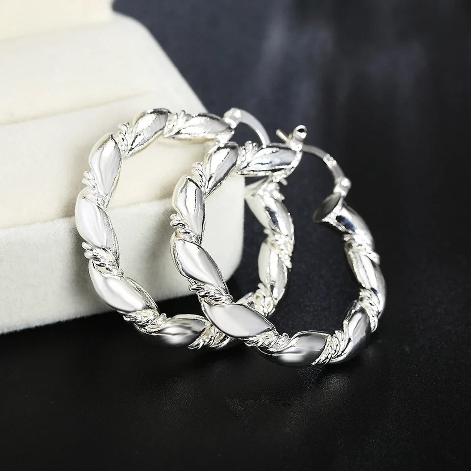 925 Sterling Silver Twisted Round Hoop Earrings Women Clip Huggie Charm Jewelry