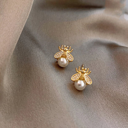 925 Sterling Silver Gold Plated Pearl Stud Bumble Bee Earrings Women Jewelry UK