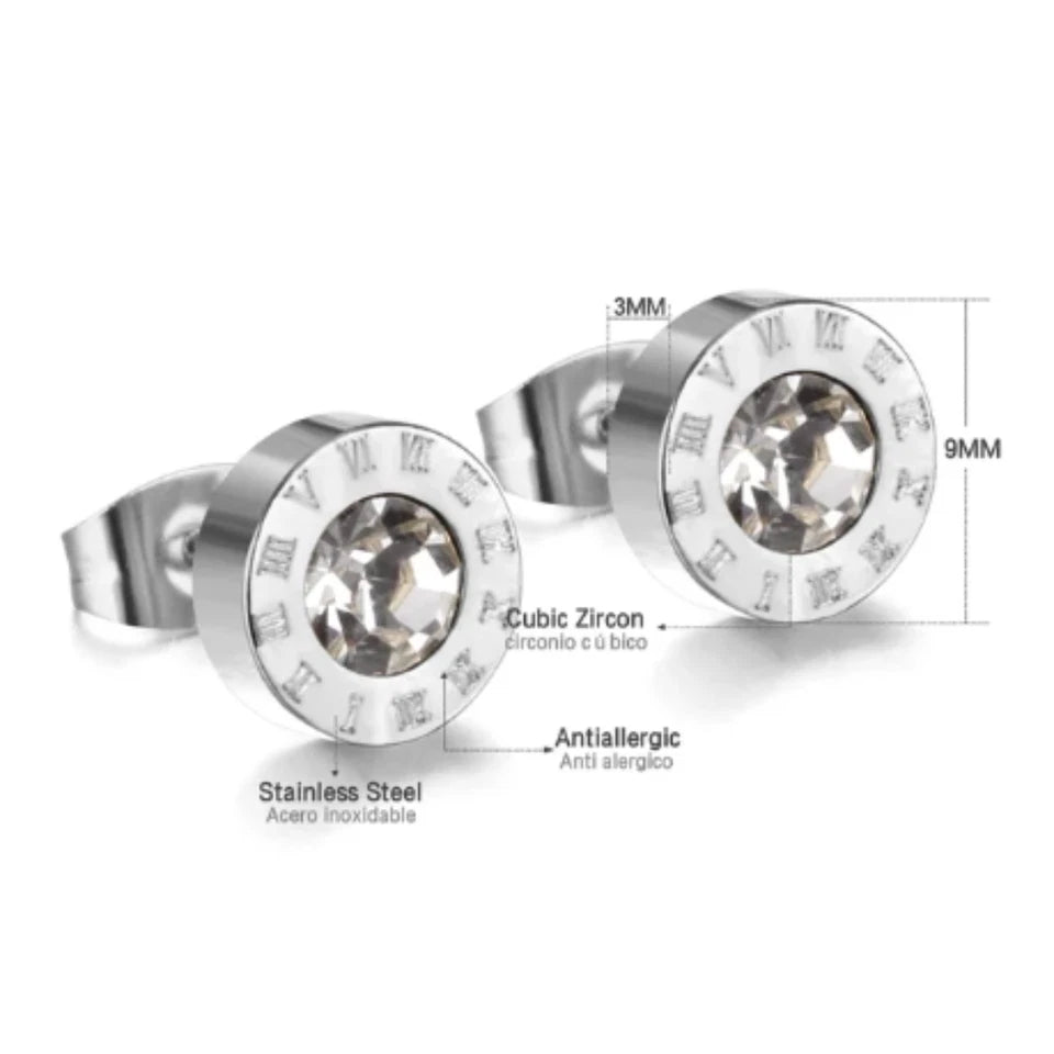 Roman Numerals Stud Earrings Stainless Steel Silver Cubic Zirconia Women Fashion
