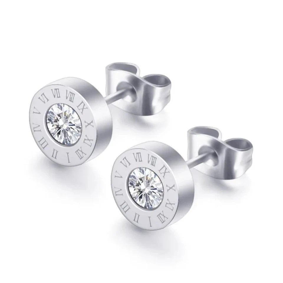 Roman Numerals Stud Earrings Stainless Steel Silver Cubic Zirconia Women Fashion