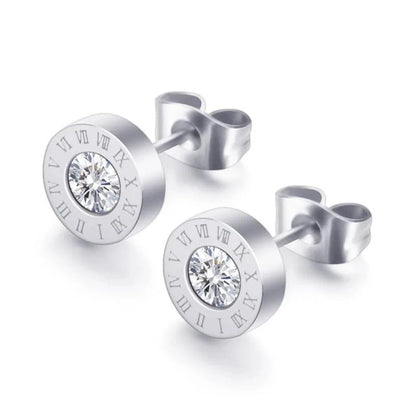 Roman Numerals Stud Earrings Stainless Steel Silver Cubic Zirconia Women Fashion