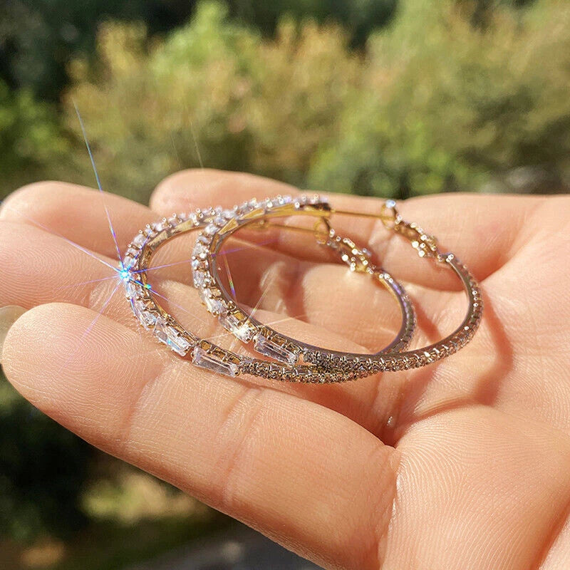 925 Sterling Silver Zircon Crystal Round Large Hoop Earrings Women Gift Jewelry
