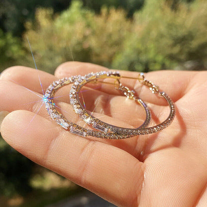 925 Sterling Silver Zircon Crystal Round Large Hoop Earrings Women Gift Jewelry