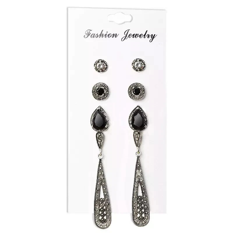 4 Pairs Women Bohemia Long Crystal Earring Set Retro Black Zircon Stud Earrings