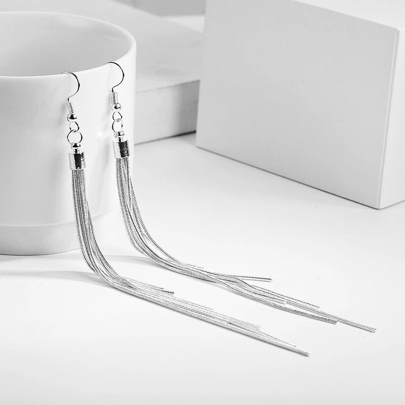 925 Sterling Silver Long Chain Tassel Drop Dangle Earrings Wedding Ear Jewellery