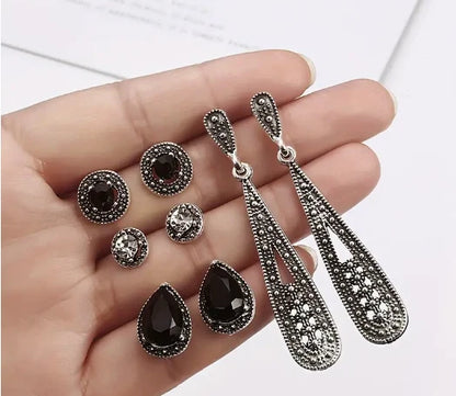 4 Pairs Women Bohemia Long Crystal Earring Set Retro Black Zircon Stud Earrings