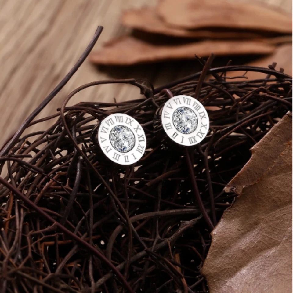 Roman Numerals Cubic Zirconia Stud Earrings