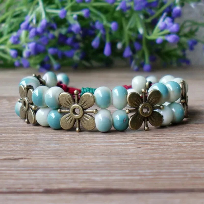 Ceramic Four-leaf clover Ethnic Bracelets Hand-woven Adjustable Bead chain Women