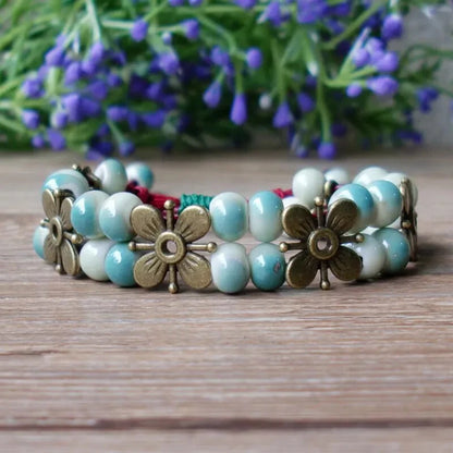 Ceramic Four-leaf clover Ethnic Bracelets Hand-woven Adjustable Bead chain Women
