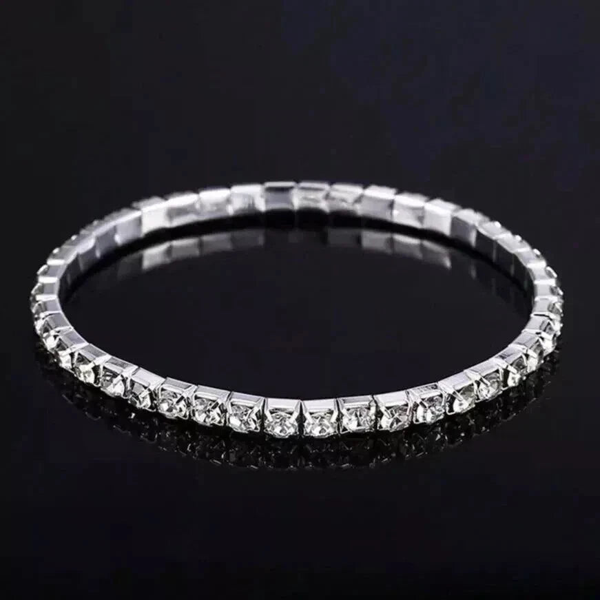 Silver Cubic Zirconia Bracelet Stretch Adorned Tennis Elastic Bangle Bridal Gift