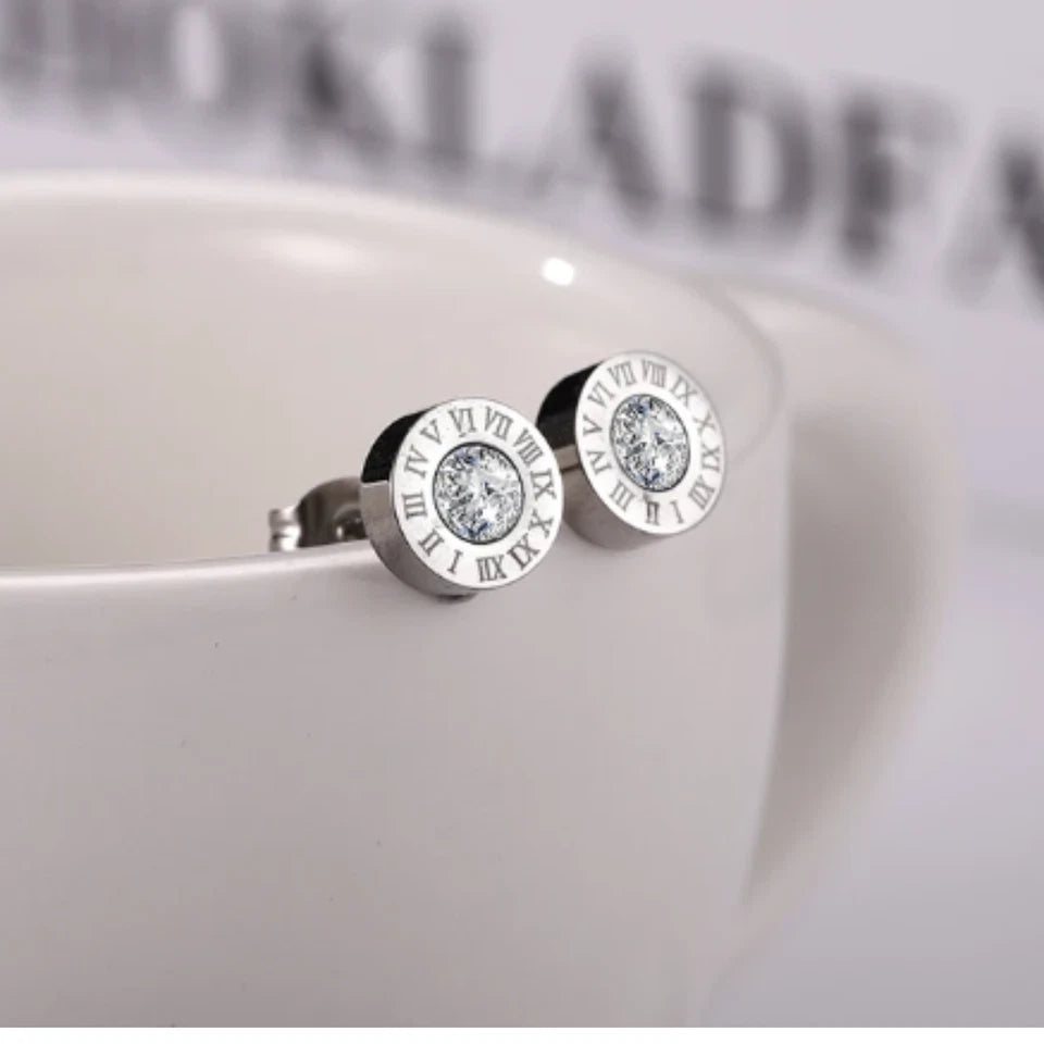 Roman Numerals Cubic Zirconia Stud Earrings