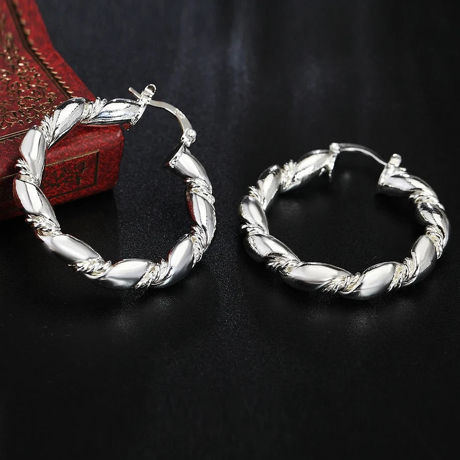 925 Sterling Silver Twisted Round Hoop Earrings Women Clip Huggie Charm Jewelry