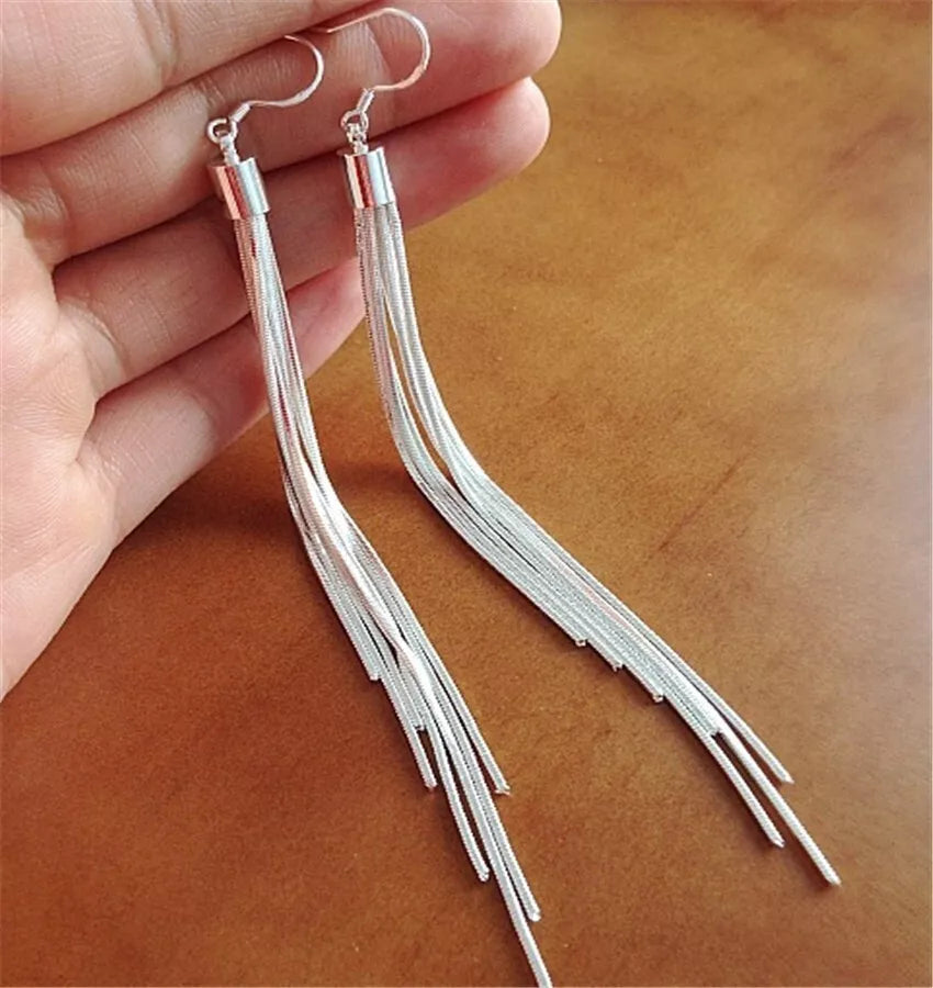 925 Sterling Silver Long Chain Tassel Drop Dangle Earrings Wedding Ear Jewellery