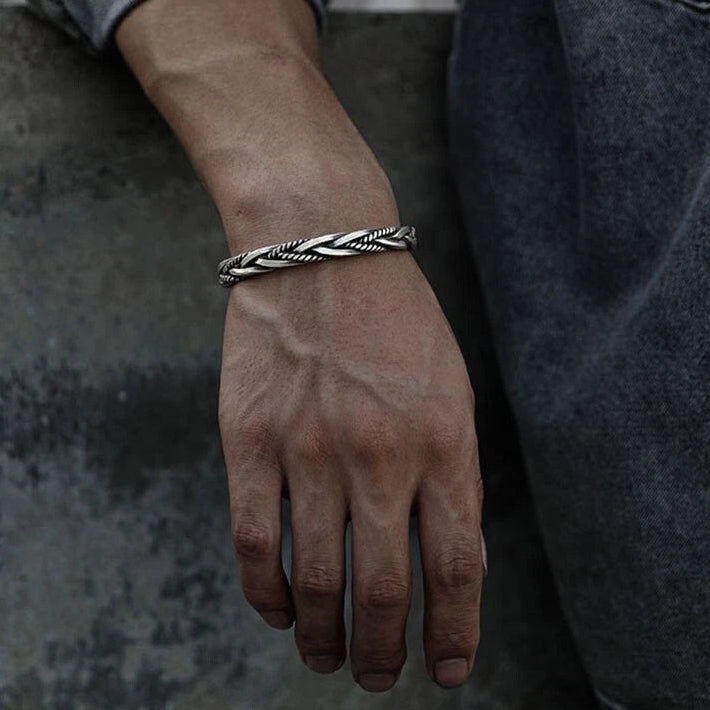 Mens 925 Sterling Silver Thai Handmade Vintage Open Bangle Twisted Cuff Bracelet