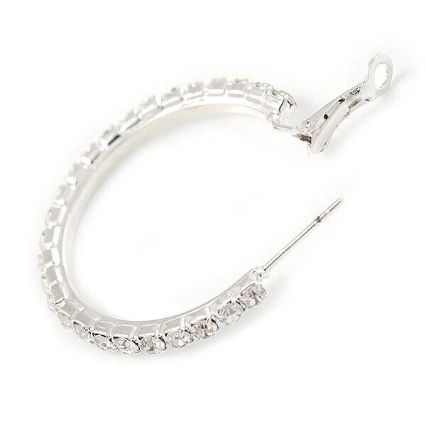 Large Diamante Clear Crystal Hoop Earrings In Rhodium Plating - 10cm Diamete