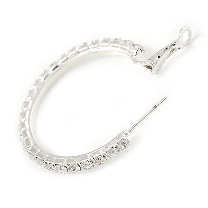 Large Diamante Clear Crystal Hoop Earrings In Rhodium Plating - 10cm Diamete