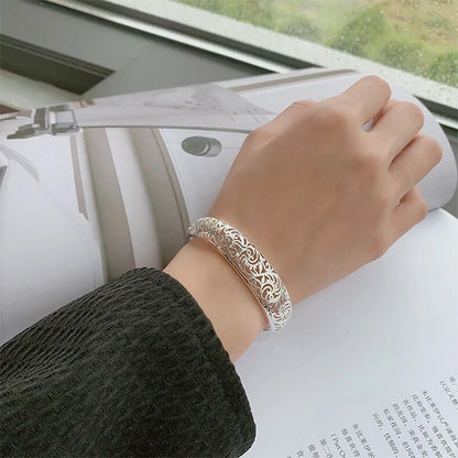 Filigree Hollow Pattern Bangle 925 Sterling Silver Adjustable Open Cuff Bracelet