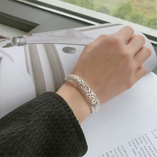 Filigree Hollow Pattern Bangle 925 Sterling Silver Adjustable Open Cuff Bracelet