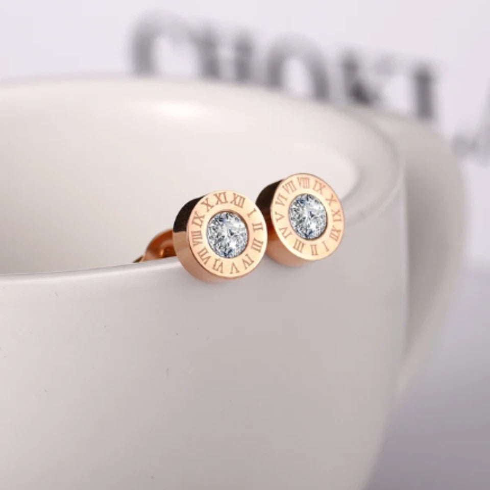 Roman Numerals Stud Earrings Stainless Steel Silver Cubic Zirconia Women Fashion