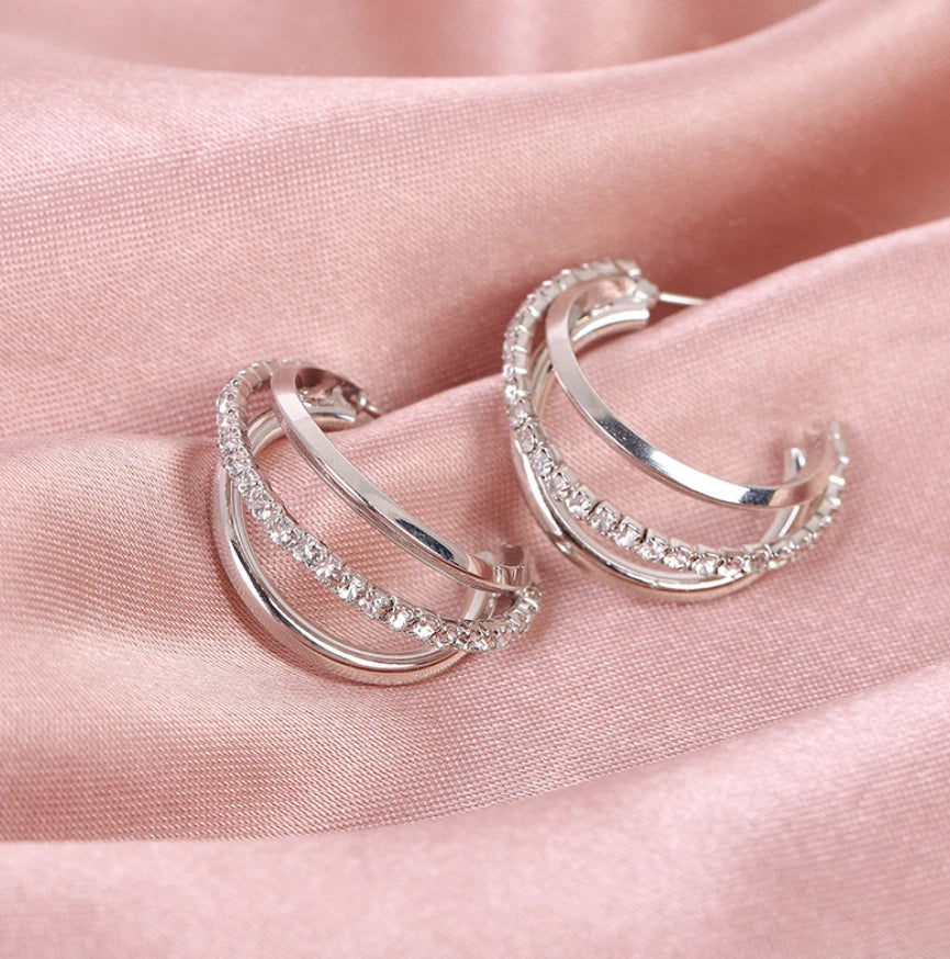 925 Sterling Silver Crystal Multi-Layer Rhinestone Earrings Women Jewellery