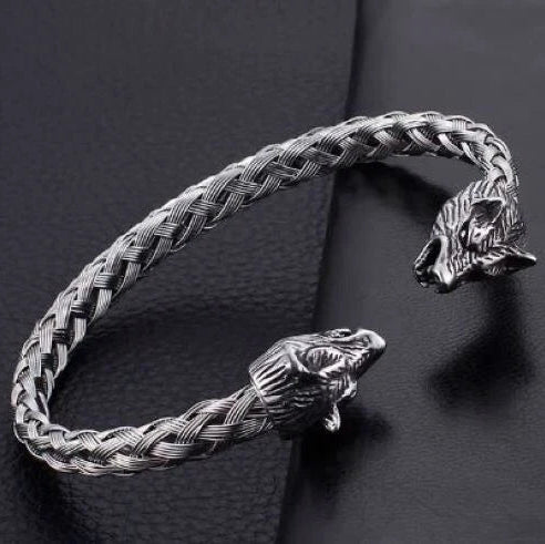 Stainless Steel Skull Braided Bracelet Cuff Bangle Cable Wire Wolf Head For Men