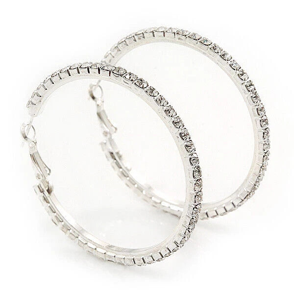 Large Diamante Clear Crystal Hoop Earrings In Rhodium Plating - 10cm Diamete