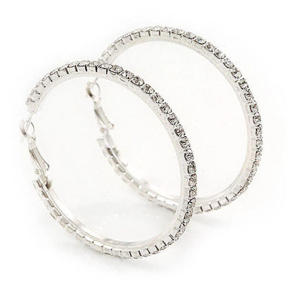 Large Diamante Clear Crystal Hoop Earrings In Rhodium Plating - 10cm Diamete