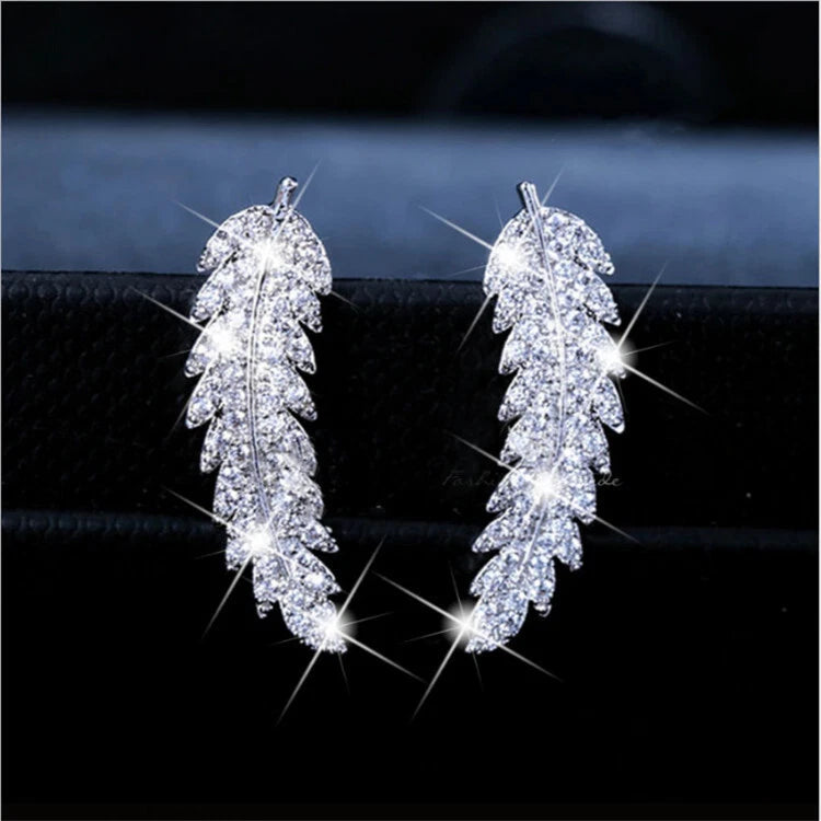 Cubic Zircon Crystal Leaf Stud Earrings Silver Gold Women Girl Jewellery Gift UK