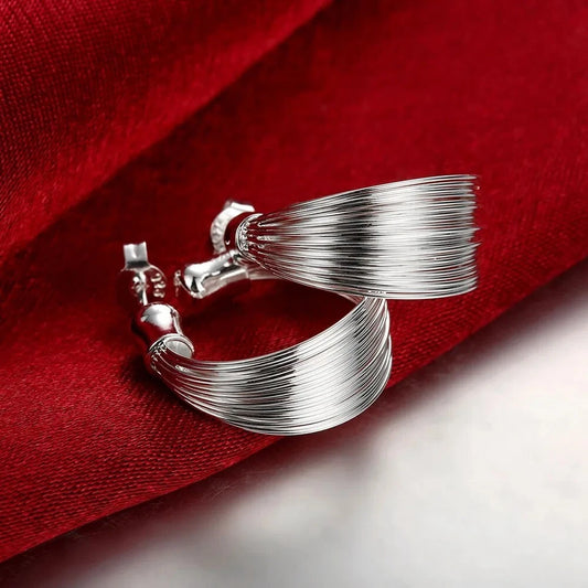 Women Multi-Layer Multi-Line Wide Wire Shield Hoop Earrings 925 Stirling Silver