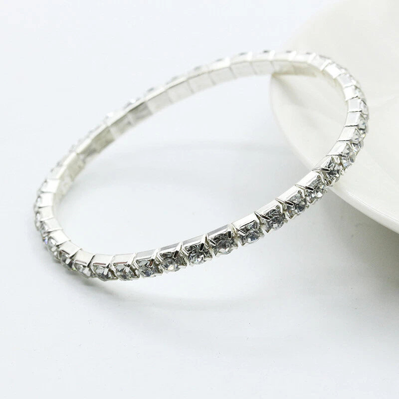 Silver Cubic Zirconia Bracelet Stretch Adorned Tennis Elastic Bangle Bridal Gift