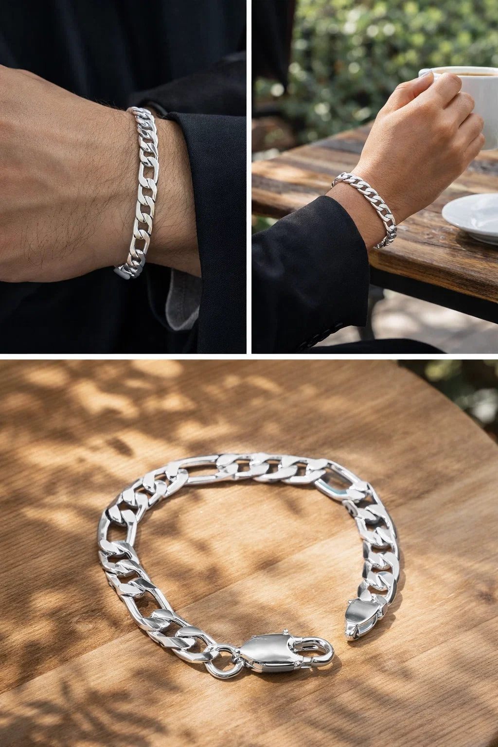 925 Sterling Silver Thick Solid Men's Figaro Chain Necklace or Bracelet Italy