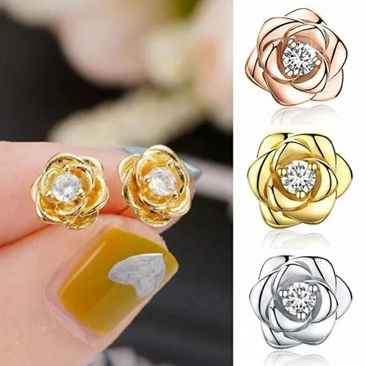 Cubic Zirconia Rose Flower Stud Earrings