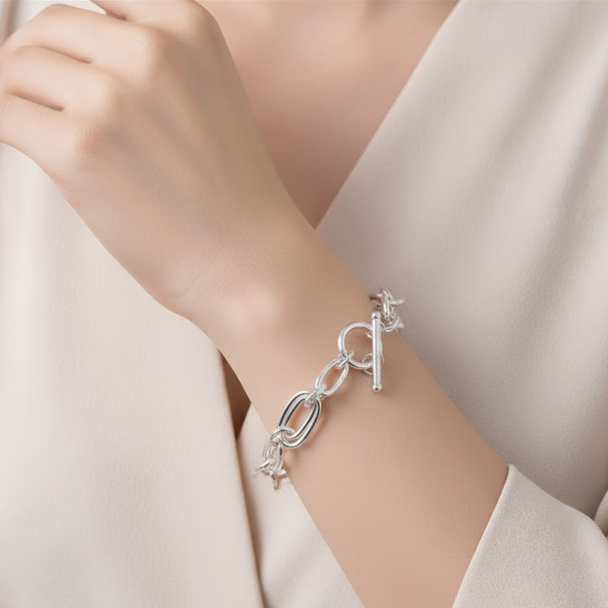 Solid 925 Sterling Silver Double Chain Bangle Bracelets Women's Jewelry