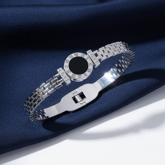 Men Silver Stainless Steel Round Bangle Roman Numeral Number Love Bracelet UK